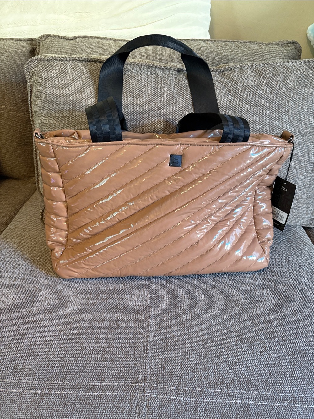 Quilted Tote computer Bag in Shiny beige/tan color with Black Handles